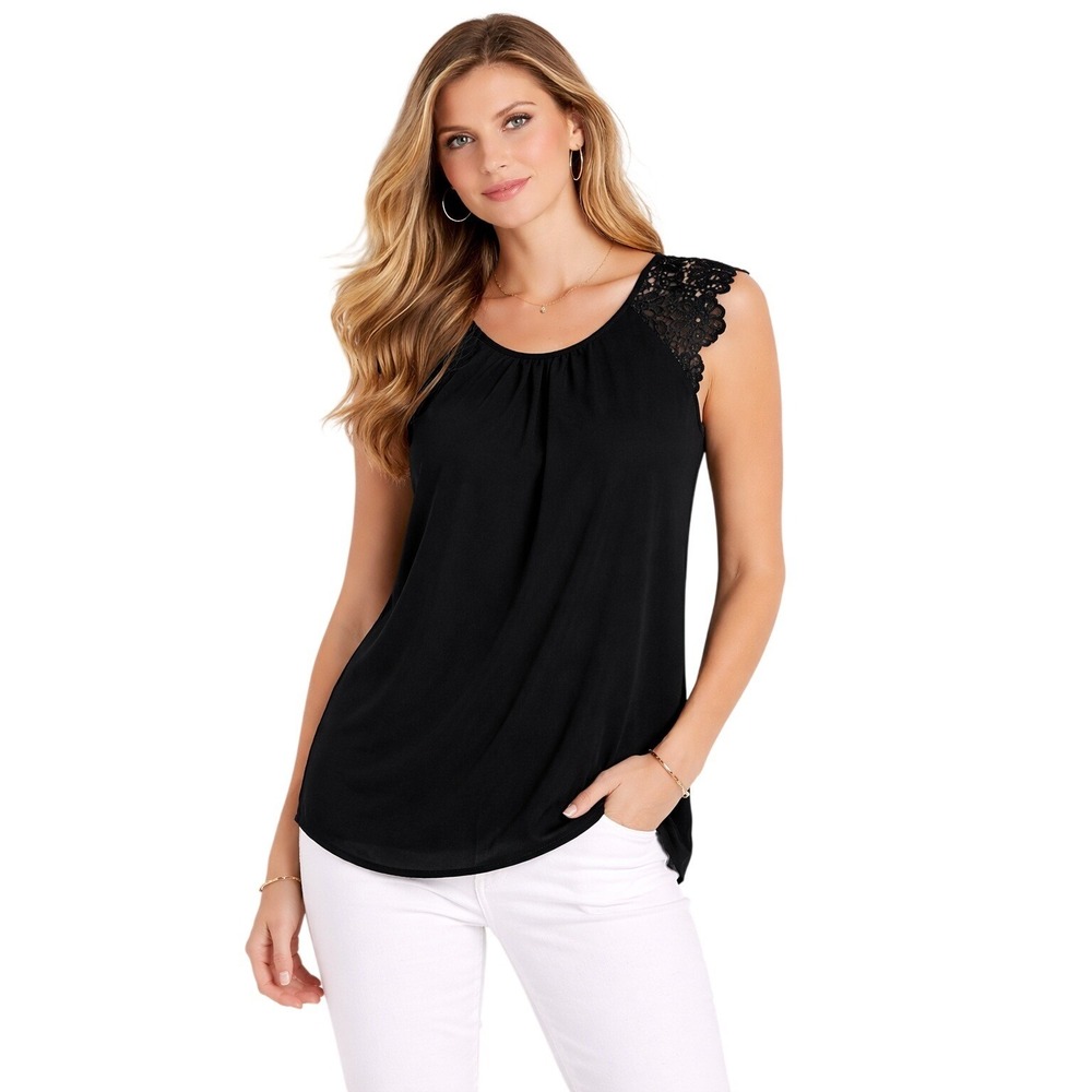 Philosophy Blouse Women Small Black Lace Crochet Shoulder Pleated Scoop Neck Top